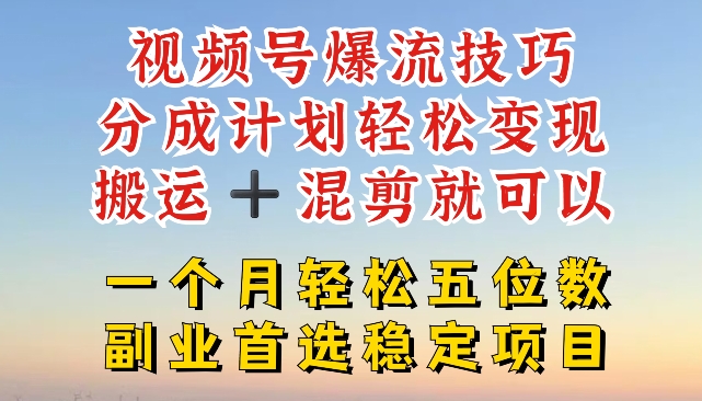 视频号爆流技巧，分成计划轻松变现，搬运 +混剪就可以，一个月轻松五位数稳定项目【揭秘】-第一资源库