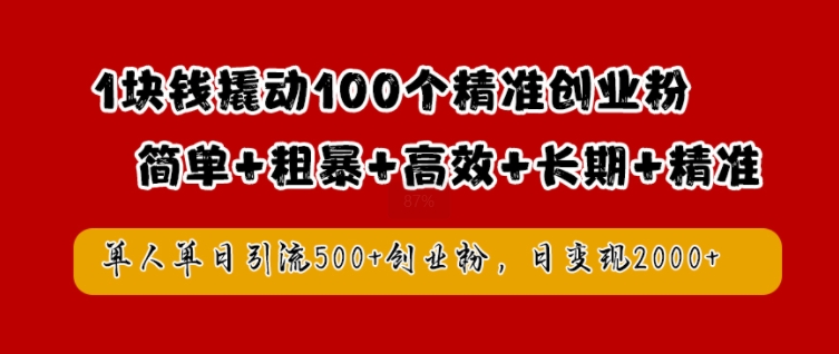 1块钱撬动100个精准创业粉，简单粗暴高效长期精准，单人单日引流500+创业粉，日变现2k【揭秘】-第一资源库