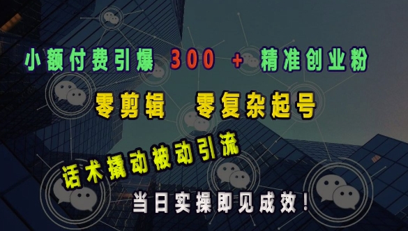 小额付费引爆 300 + 精准创业粉，零剪辑、零复杂起号，话术撬动被动引流，当日实操即见成效-第一资源库